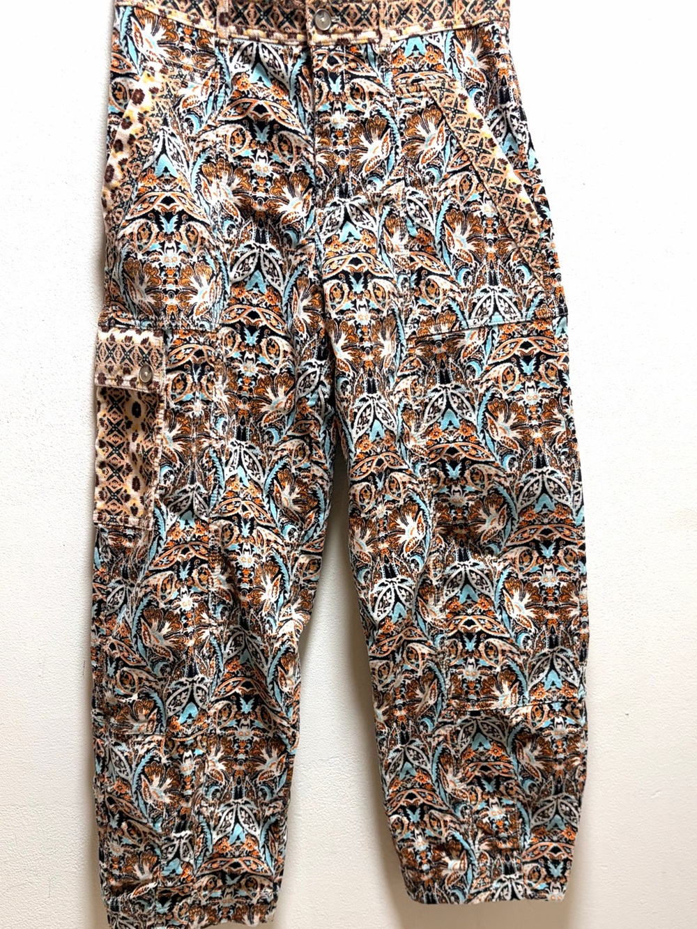Anthropologie Brown and Teal Printed Cargo Trousers